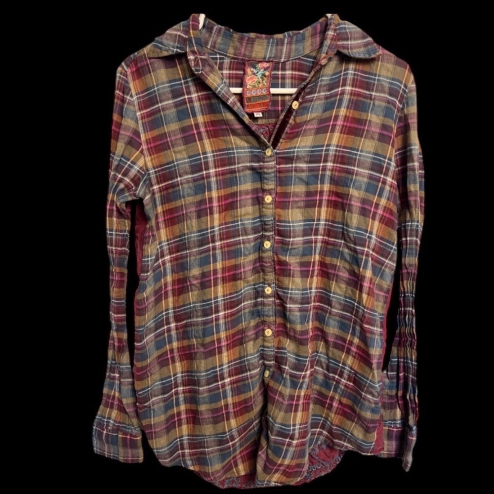 Johnny Was 3J Workshop Plaid Embroidered Silk Back Button Down Shirt XS Multi LS